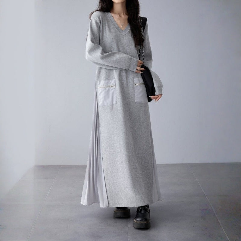👀注目の新作👀【ワンピース】春 秋 冬 Vネック ニット プリーツ 長袖 ファスナー ワンピース 【JZシリーズ】