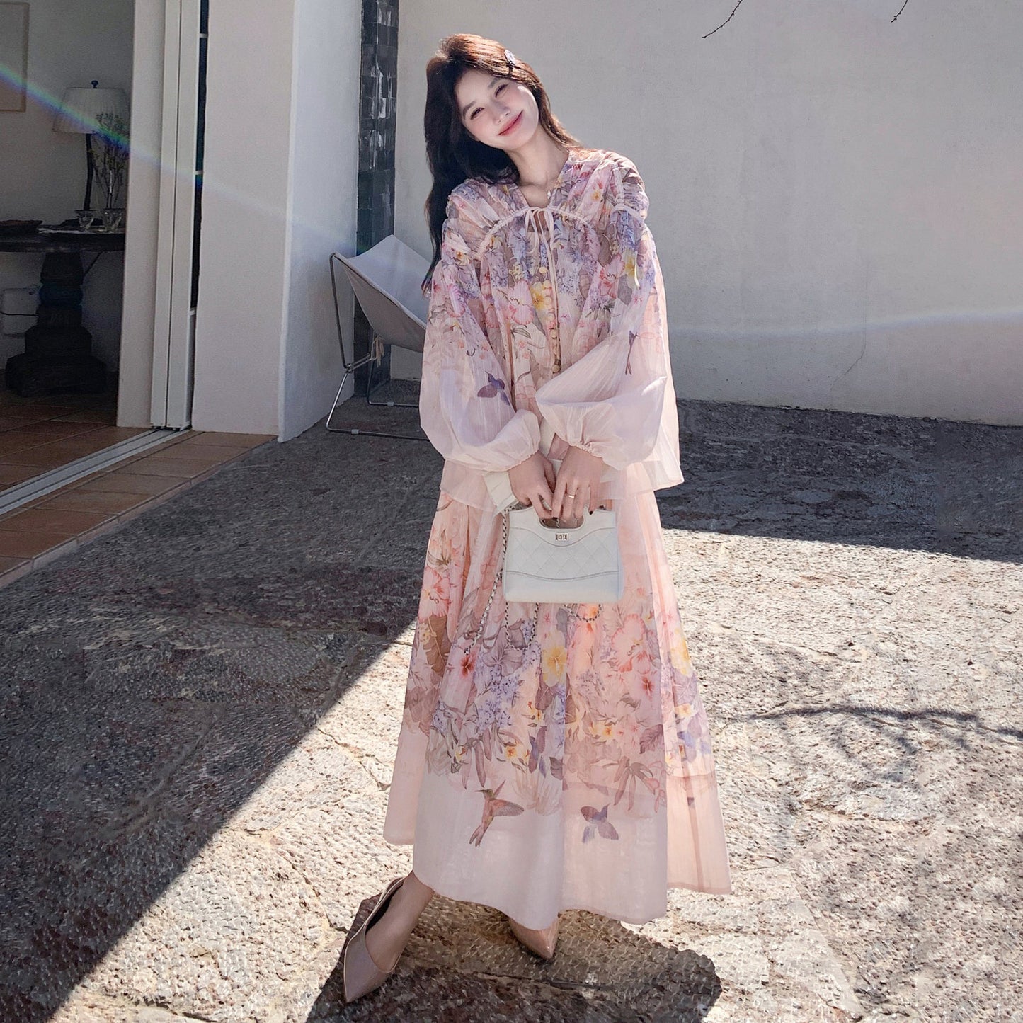 2点セット！【セットアップ】リゾートバタフライプリント 2点セット レディース パフスリーブ UVカットシャツ + ハイウエスト フレアスカート 夏 セットアップ【SHシリーズ】