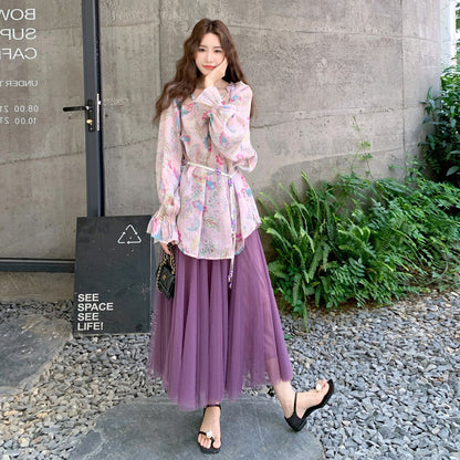 2点セット！【セットアップ】花柄 UVカットシースルーカーディガン＋チュールスカート 上下セット 春秋 フレンチロマンティック 超映え【SHシリーズ】