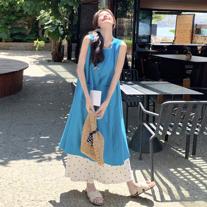 2点セット！【セットアップ】優しい系 ノースリーブシャツワンピース＋ ドット柄 ワイドパンツ 重ね着でおしゃれ