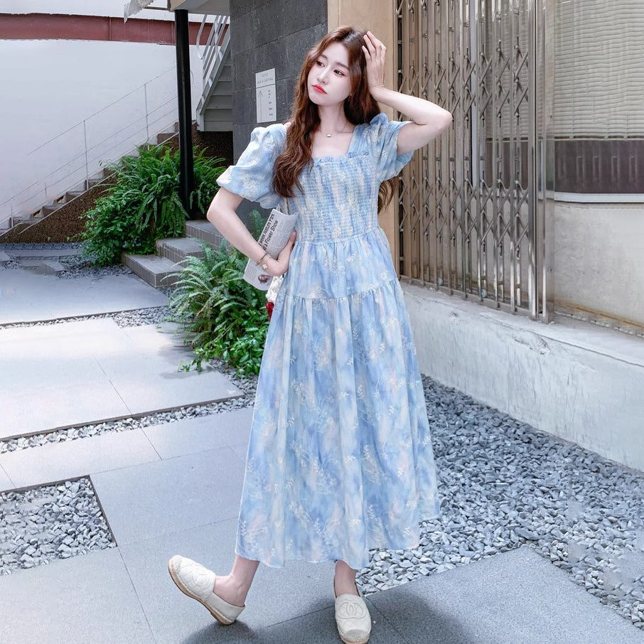 【ワンピース】グラデーション染め刺繍入りパフスリーブワンピース Aライン半袖【SHシリーズ】