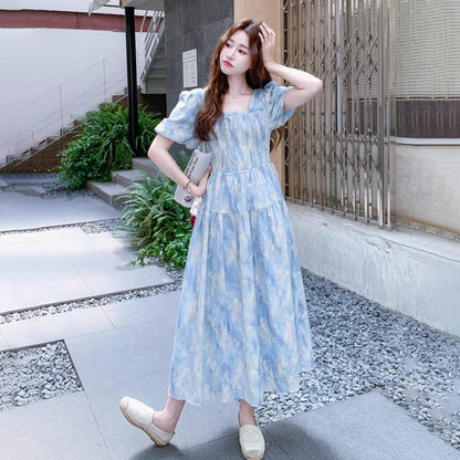 【ワンピース】グラデーション染め刺繍入りパフスリーブワンピース Aライン半袖【SHシリーズ】