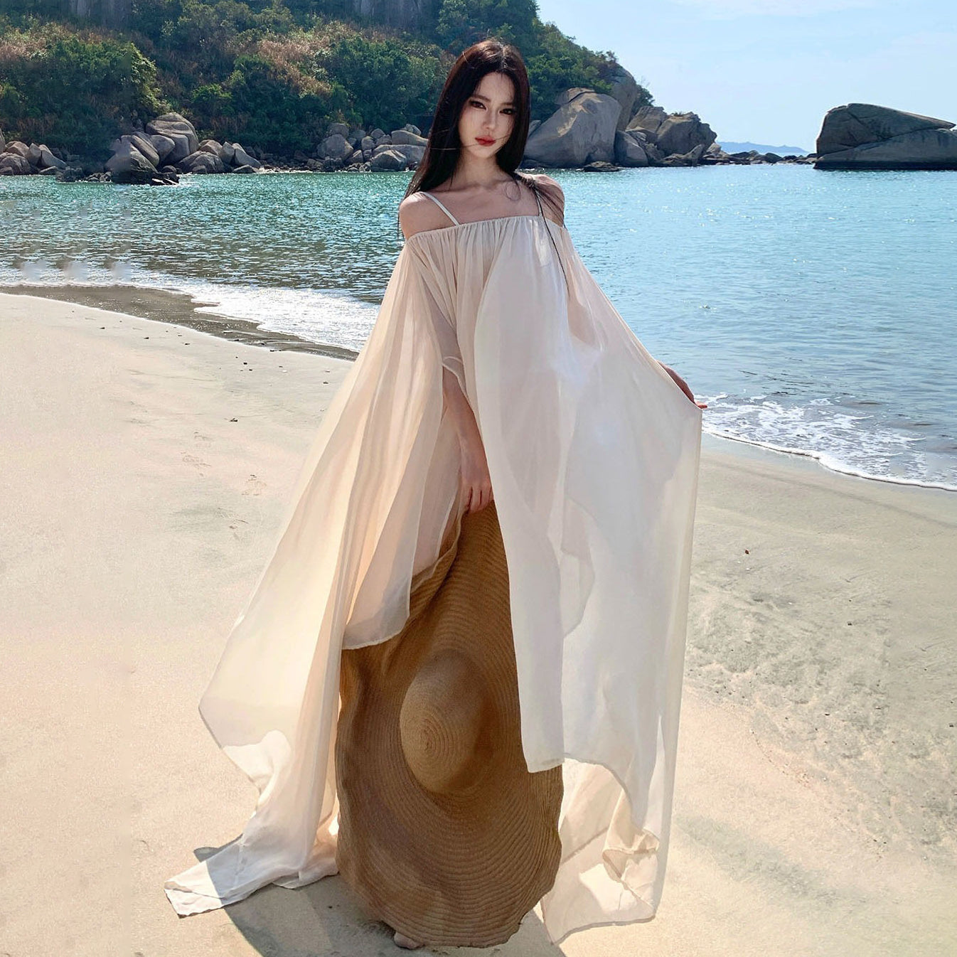 【セットアップ】海辺リゾート風 インナーキャミワンピ×シアーワンピース レイヤードセット ゆったりシルエット ロング丈 バカンスビーチドレス【SHシリーズ】
