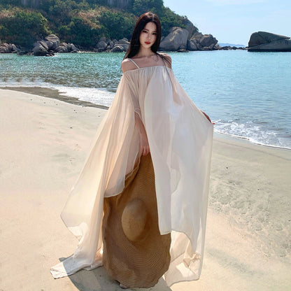 【セットアップ】海辺リゾート風 インナーキャミワンピ×シアーワンピース レイヤードセット ゆったりシルエット ロング丈 バカンスビーチドレス【SHシリーズ】