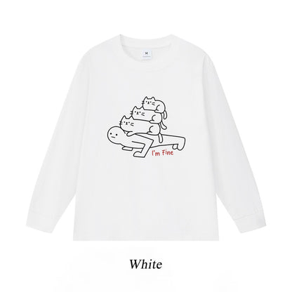 6カラー | S~3XL【トップス】猫からのプレッシャー プリント ロングTシャツ 春秋 ユニセックス ルーズ コットン【FCシリーズ】