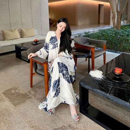 【ワンピース】チャイナテイスト ブルーホワイト柄 フリル フレア 長袖 ワンピース 【SHシリーズ】