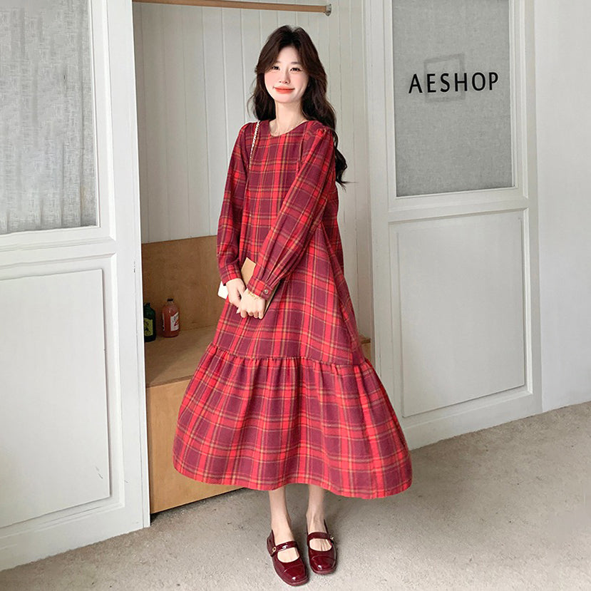 【ワンピース】レトロチェック ウエストマーク 長袖ワンピース レディース 春秋 上品フレンチ風 エレガント 【SHシリーズ】