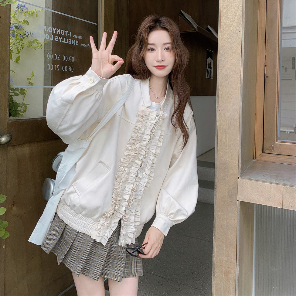 【アウター】カジュアル フリル切り替え スエード調 ショートジャケット【JZシリーズ】