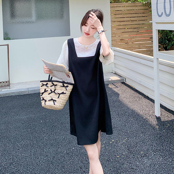 【ワンピース】配色 ワンピース レディース 夏 レイヤード風 半袖 ロングワンピース 細見え リボンデザイン 人気 フレンチ風【JZシリーズ】