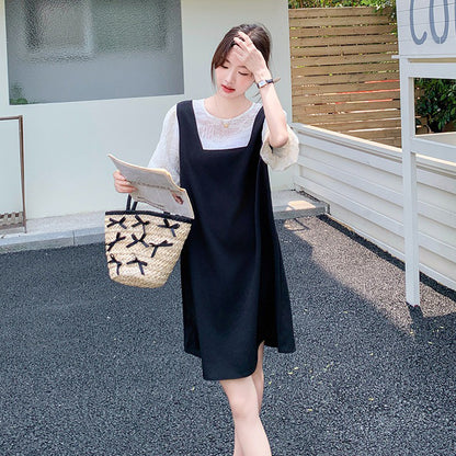 【ワンピース】配色 ワンピース レディース 夏 レイヤード風 半袖 ロングワンピース 細見え リボンデザイン 人気 フレンチ風【JZシリーズ】