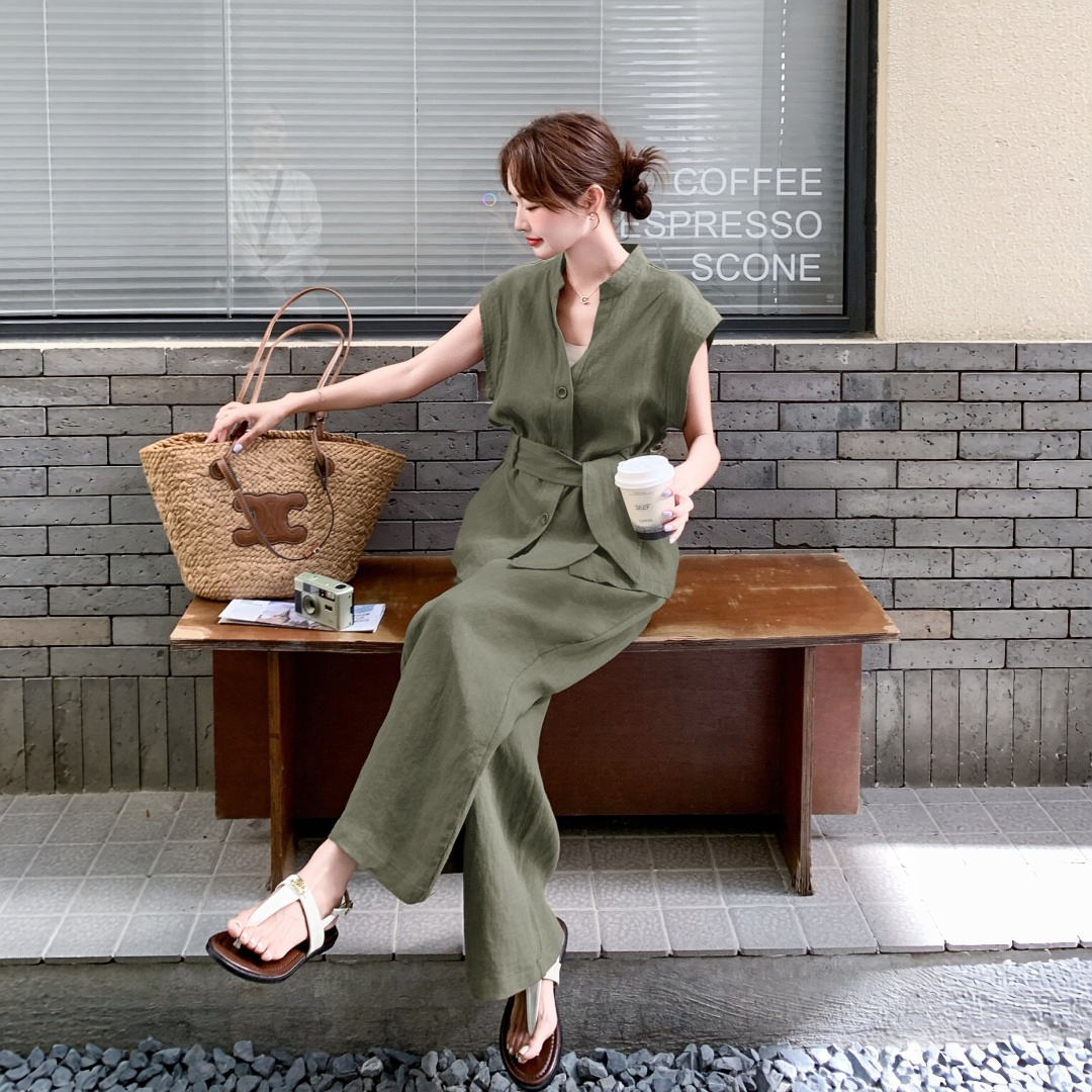 【セットアップ】ウエストマーク シンプル トップス + ワイドパンツ 2点上下セット 【JZシリーズ】
