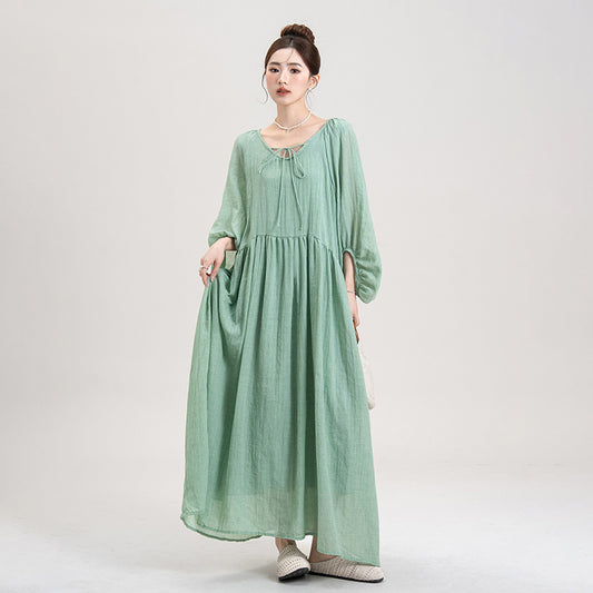 【ワンピース】グリーン リネン100％ 長袖 ロングワンピース レディース 夏 森ガール風 ナチュラル ゆったり 侘び寂び風 上品 フェミニン【JZシリーズ】