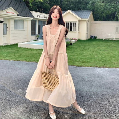 【ワンピース】フレンチ風 ノースリーブワンピース レディース 夏 レースデザイン Aライン 細見え 大人可愛い【JZシリーズ】