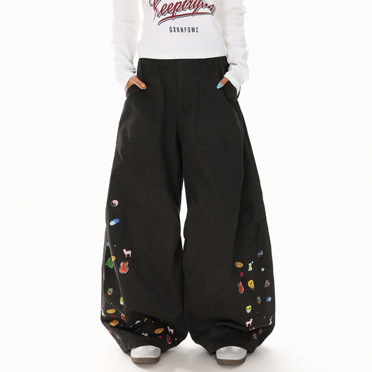 【ボトムス】ヴィンテージ風 カートゥーンプリント パンツ 秋冬新作 ゆったり ワイドパンツ 着回し力 カジュアル【FCシリーズ】