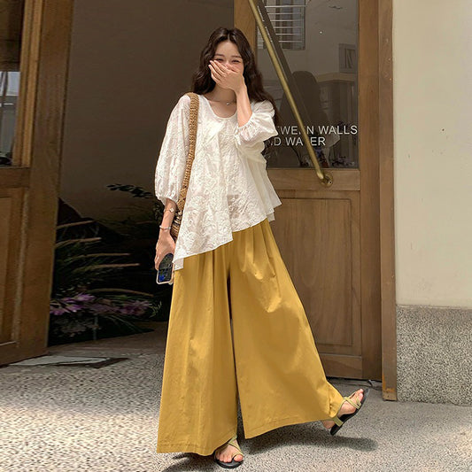 2点セット！【セットアップ】カジュアルで若見え 刺繍シャツ＋ワイドパンツ 上下セット おしゃれ 2点セット 爆売れアイテム【JZシリーズ】