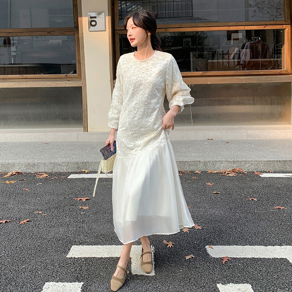 【ワンピース】フレンチ風フェミニンレースワンピース レディース 気品ある軽奢感 花柄長袖ミディドレス【JZシリーズ】