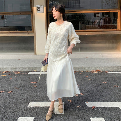 【ワンピース】フレンチ風フェミニンレースワンピース レディース 気品ある軽奢感 花柄長袖ミディドレス【JZシリーズ】