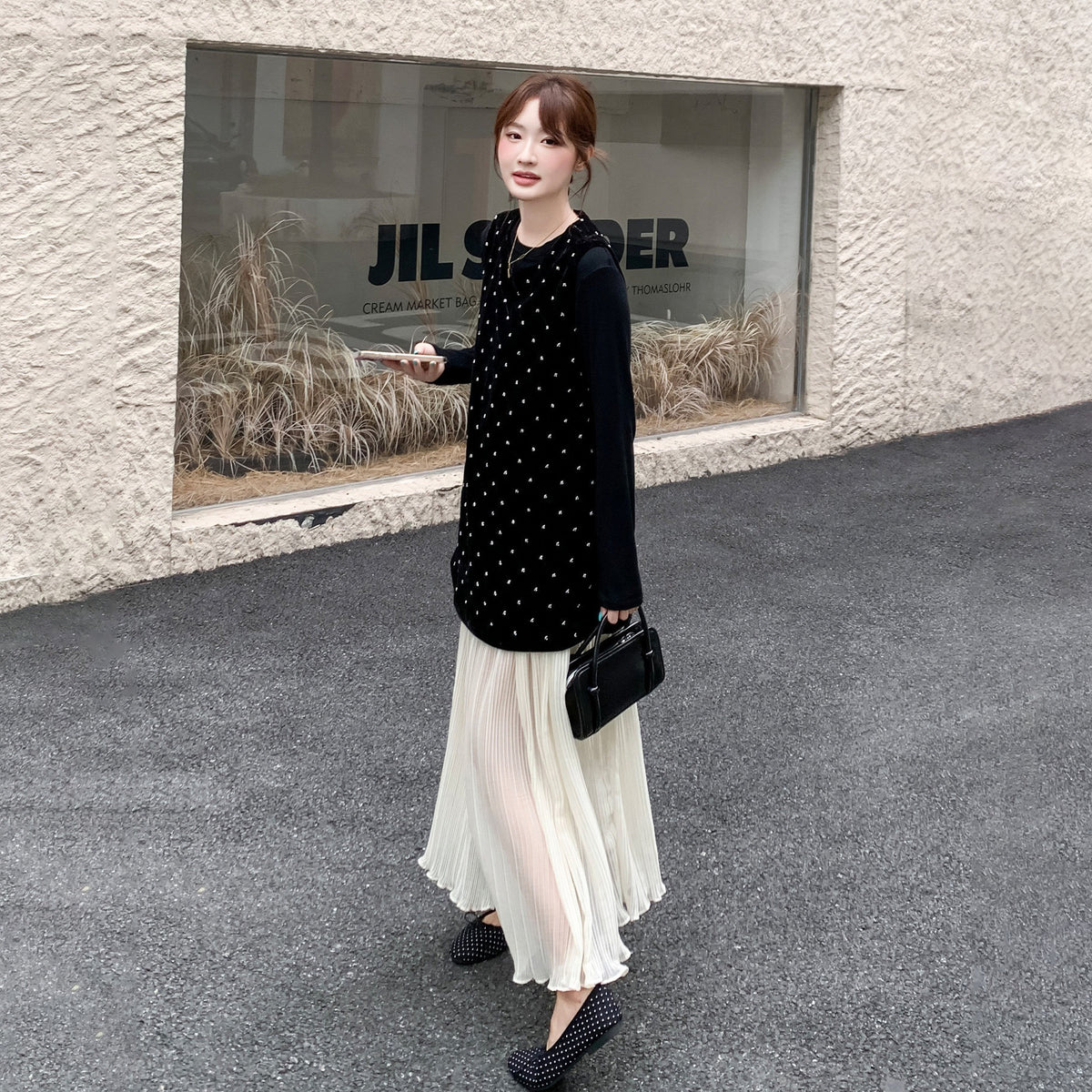 【ワンピース】フレンチ風ドット柄レイヤードベロアワンピース レディース 秋新作 ノースリーブ ロング丈 大人フェミニン【JZシリーズ】