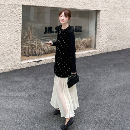 【ワンピース】フレンチ風ドット柄レイヤードベロアワンピース レディース 秋新作 ノースリーブ ロング丈 大人フェミニン【JZシリーズ】