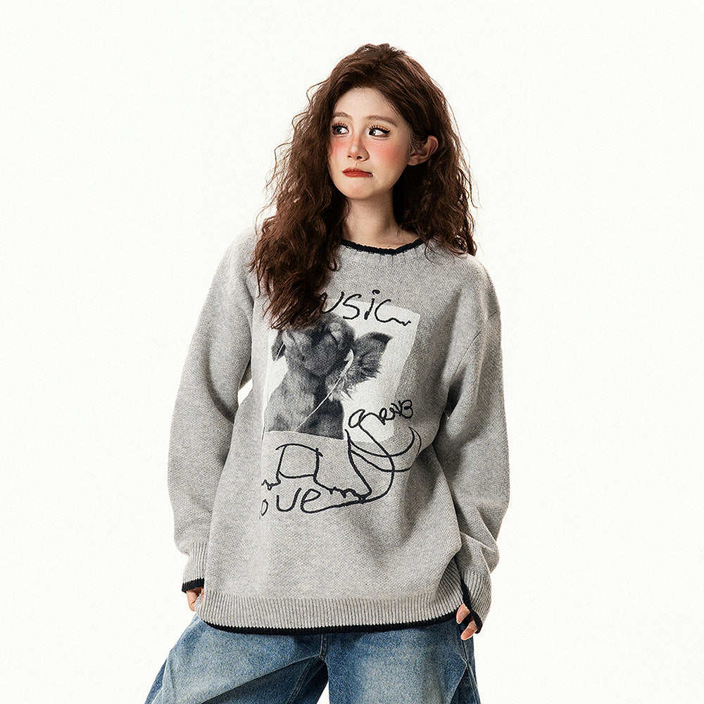 【トップス】レトロ デザイン 小犬柄 クルーネック ニット レディース ゆったり ルーズ 着回し セーター【FCシリーズ】