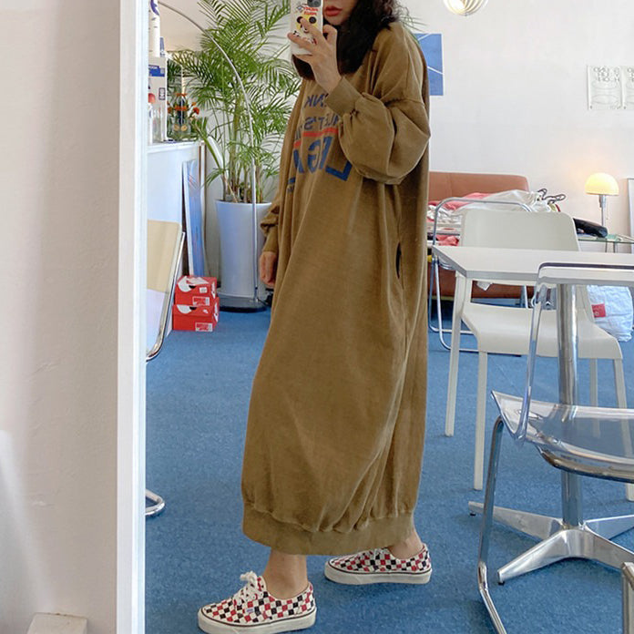 【24AW】【ワンピース】ゆったり 大きいサイズ ラウンドネック 長袖ワンピース