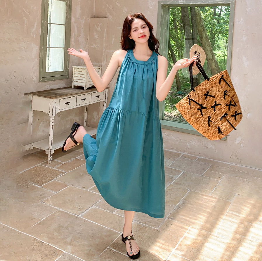 【ワンピース】夏新作 フレンチシック ゆったりシルエット デザイン性Aラインノースリーブワンピース 若見え効果