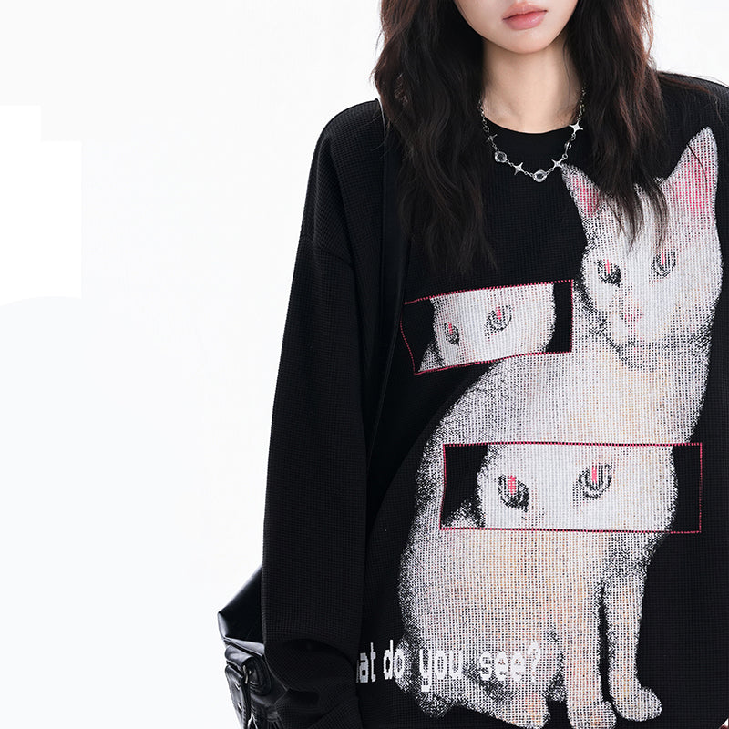 【トップス】猫柄 レディース クルーネック ストリート風 オーバーサイズ 長袖Tシャツ【FCシリーズ】