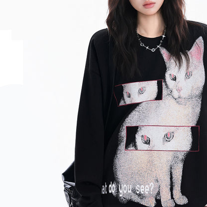 【トップス】猫柄 レディース クルーネック ストリート風 オーバーサイズ 長袖Tシャツ【FCシリーズ】