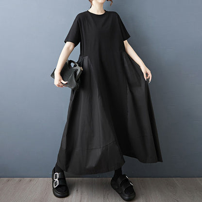 【ワンピース】夏新作 ゆったりカジュアル ドローストリング 中長丈 ニット 半袖ワンピース【AHシリーズ】