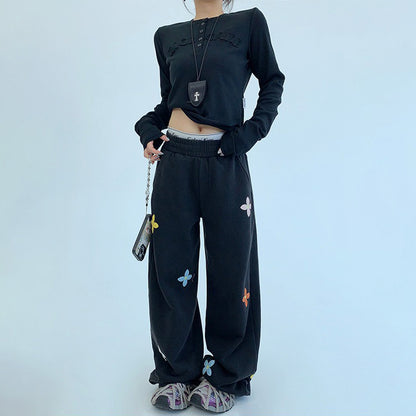 【ボトムス】重工刺繍×ヴィンテージ加工 スウェットパンツ レディース 秋新作 ストリートカジュアル【FCシリーズ】