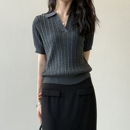 【トップス】ヴィンテージケーブル編みポロニット 半袖Tシャツ レディース 秋 Vネック スリムショート丈トップス【JZシリーズ】