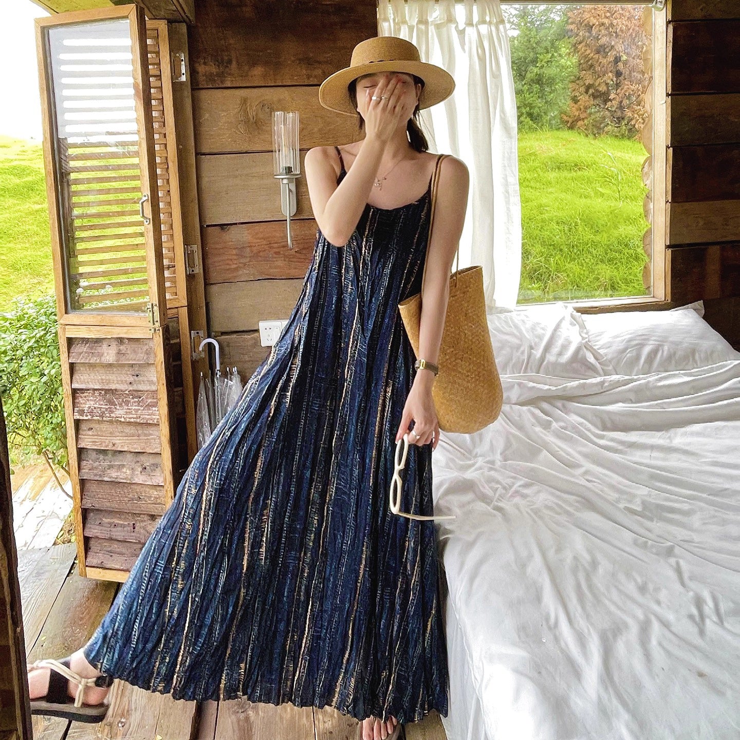 【ワンピース】レトロ シフォンワンピース 夏 ノースリーブ ドレープ感  ゆったり 着痩せ リゾートドレス【SHシリーズ】