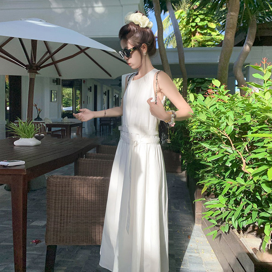 【ワンピース】シンプル ホワイト ノースリーブワンピース 夏 レディース ウエストマーク キャミソールワンピース【JZシリーズ】