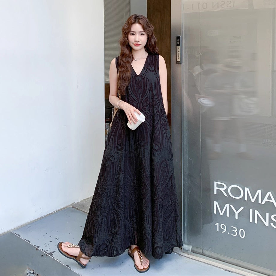 【ワンピース】ジャカードノースリーブワンピース レディース Vネック ロング丈 夏新作【JZシリーズ】