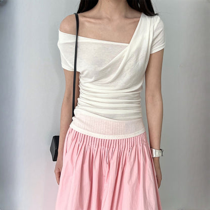 【トップス】夏 ドレープネック フレンチスタイル 半袖 Ｔシャツ【SNシリーズ】