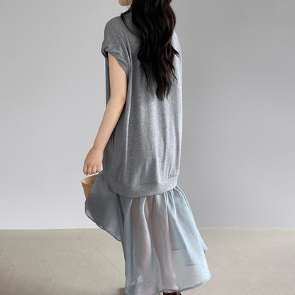 【ワンピース】カジュアル 夏 高級感 韓国風 フェイクツーイン ゆったり半袖Tシャツワンピース【JZシリーズ】