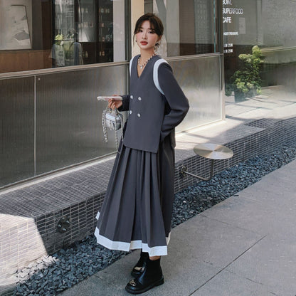 【ワンピース】配色 長袖ワンピース レディース 春秋 細見え 気質 スーツ風プリーツワンピース【JZシリーズ】