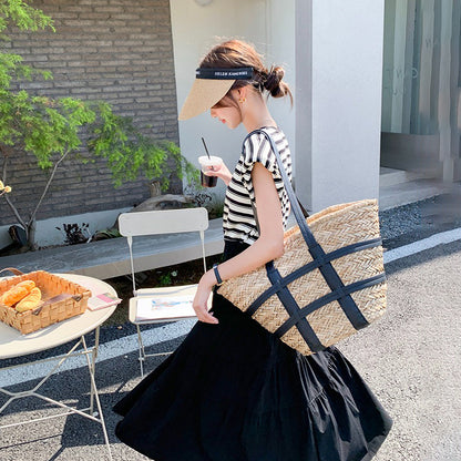 【ワンピース】ストライプ ワンピース レディース 夏 レイヤード風 半袖 ロングワンピース 細見え ウエストマーク 人気 フレンチ風【SHシリーズ】