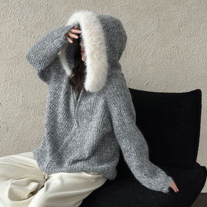 【アウター】ニットカーディガン レディース 秋冬 ふんわり 取り外し可能ファー付き【JZシリーズ】