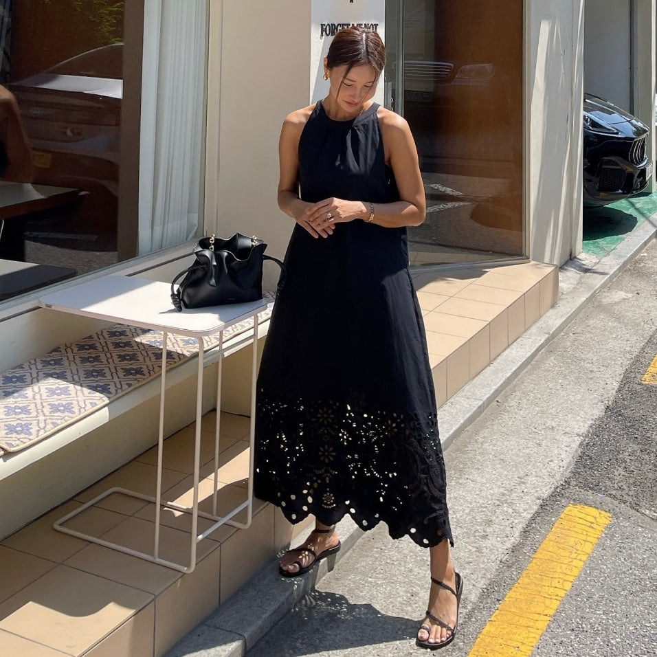 【ワンピース】透かし ノースリーブワンピース ゆったりシルエット レトロ ロングドレス【JZシリーズ】