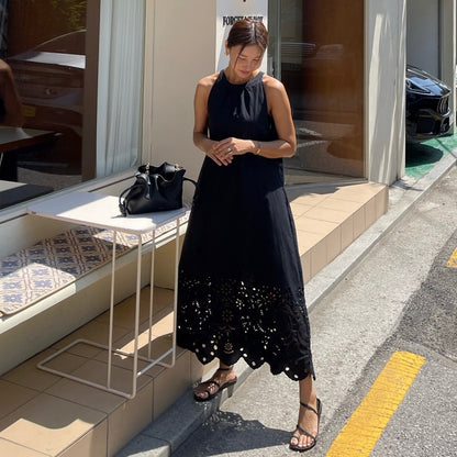 【ワンピース】透かし ノースリーブワンピース ゆったりシルエット レトロ ロングドレス【JZシリーズ】