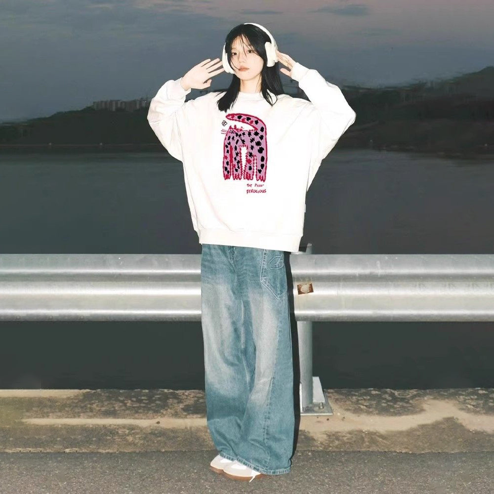 S~2XL【トップス】クルーネック ネコ スウェット レディース 韓国風 ゆったり 学生風 豹柄 猫 秋冬パーカー【FCシリーズ】