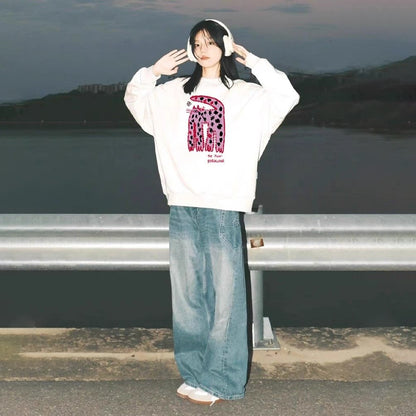 S~2XL【トップス】クルーネック ネコ スウェット レディース 韓国風 ゆったり 学生風 豹柄 猫 秋冬パーカー【FCシリーズ】