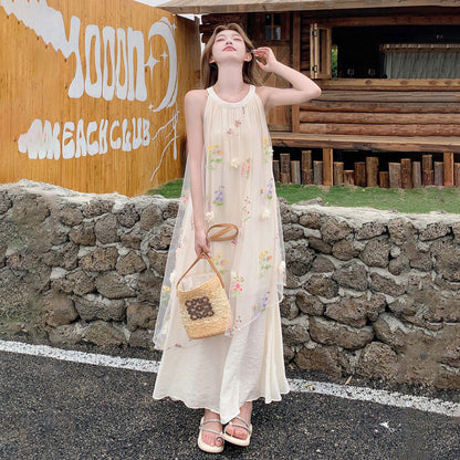 【ワンピース】ホルターネック ワンピース フレンチリゾート 立体フラワー ノースリーブワンピース 上品 きれいめ ビーチドレス【SHシリーズ】