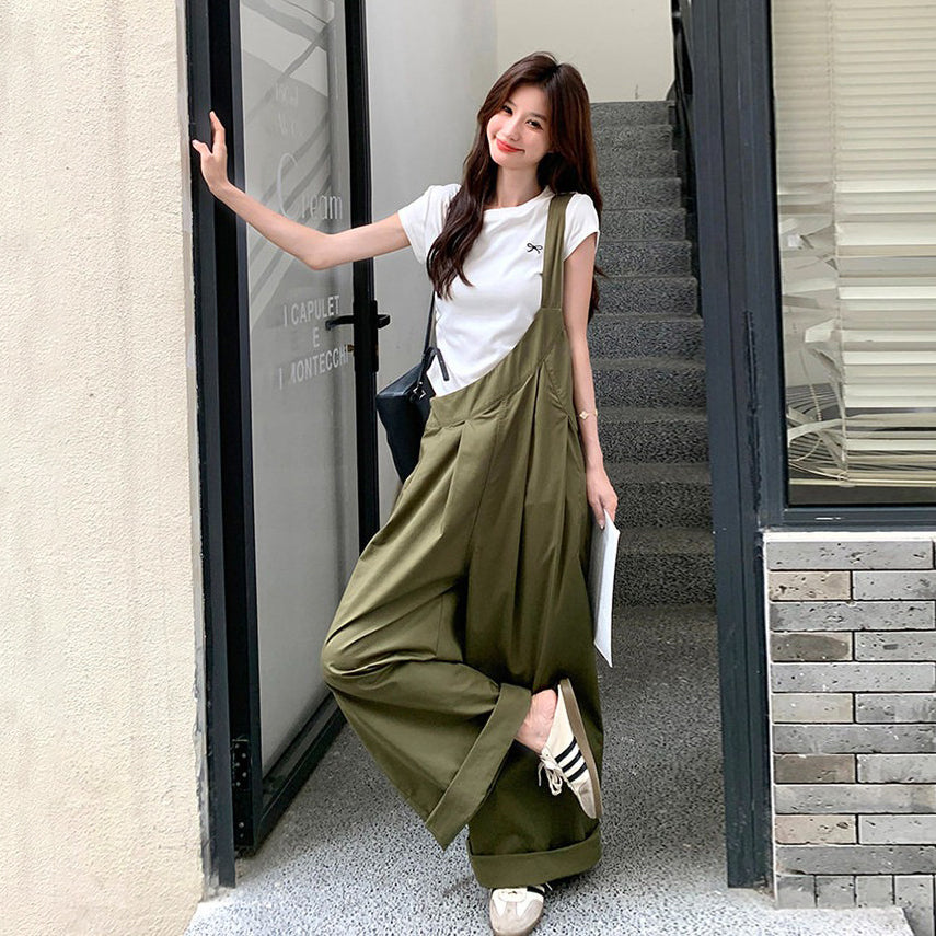 【ボトムス】韓国風 ミリタリーグリーン サロペット レディース ワイドパンツ ゆったり ハイウエスト 体型カバー リラックスコーデ 夏 オールインワン【JZシリーズ】