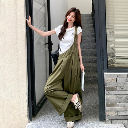 【ボトムス】韓国風 ミリタリーグリーン サロペット レディース ワイドパンツ ゆったり ハイウエスト 体型カバー リラックスコーデ 夏 オールインワン【JZシリーズ】