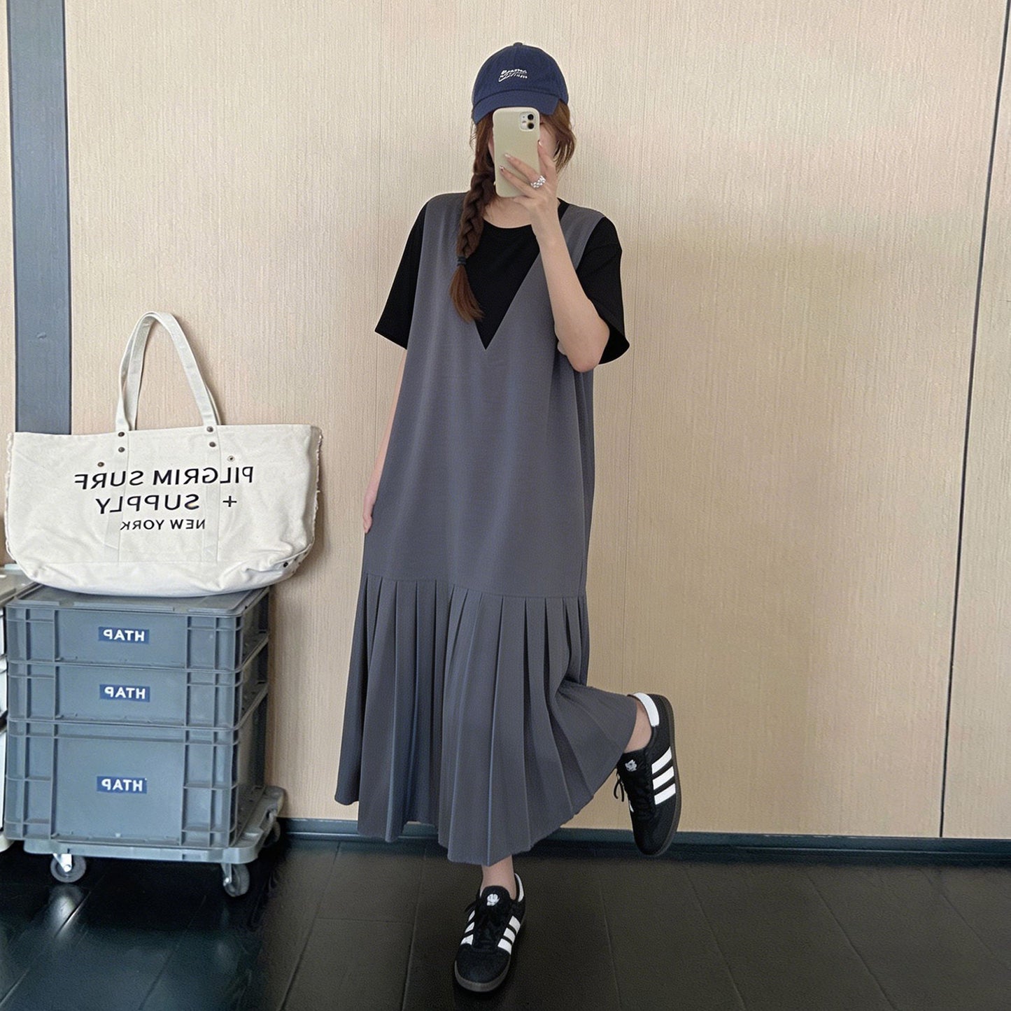 【ワンピース】韓国風フェイクレイヤードワンピース レディース 夏 半袖 ロングワンピース 切替デザイン ゆったり体型カバー 着痩せカジュアル【JZシリーズ】