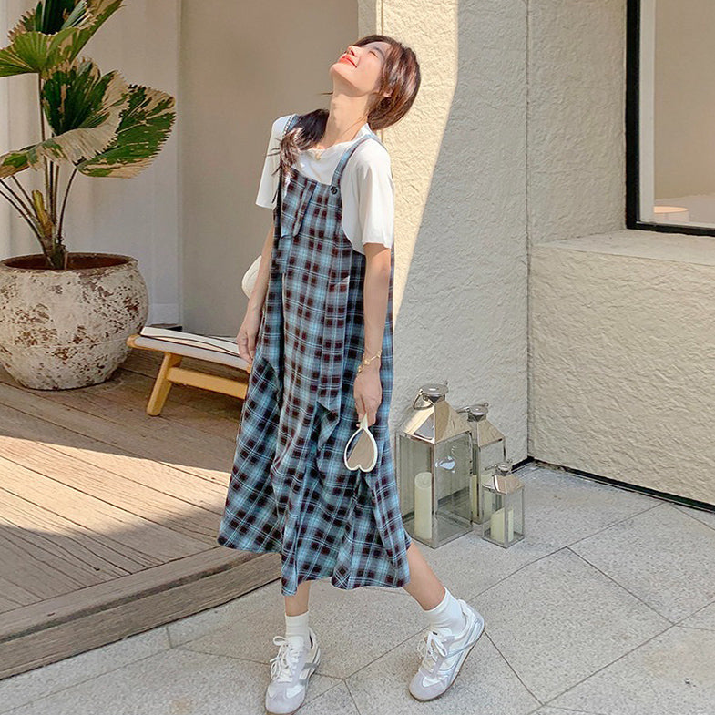 【ワンピース】日系 ナチュラル風 フェイクレイヤード 半袖 ワンピース レディース 夏 体型カバー スリム見え デザイン性【SHシリーズ】