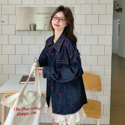 【アウター】上品刺繍入り デニムシャツ ブルー 2026春新作 レディース ゆったり レイヤードカーディガン【SHシリーズ】