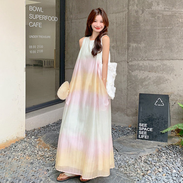 【ワンピース】ワンピース ノースリーブ レインボーグラデーション フレンチ風 ロングワンピース ゆったり 細見え 気質【JZシリーズ】